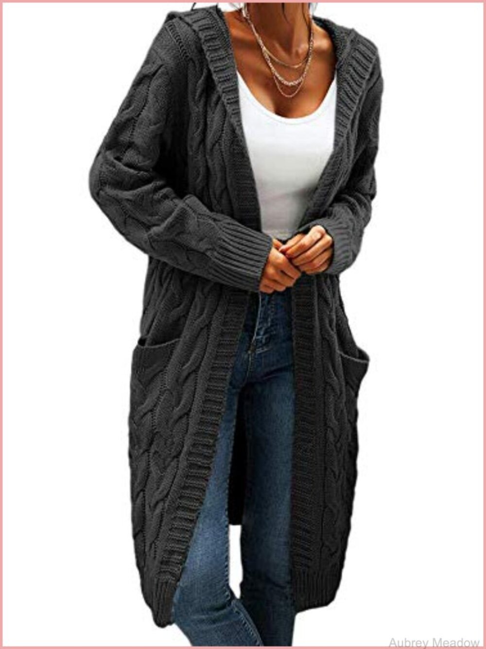 Women Hooded Open Front Cardigan Cable Knit Chunky Long Sweater Coat